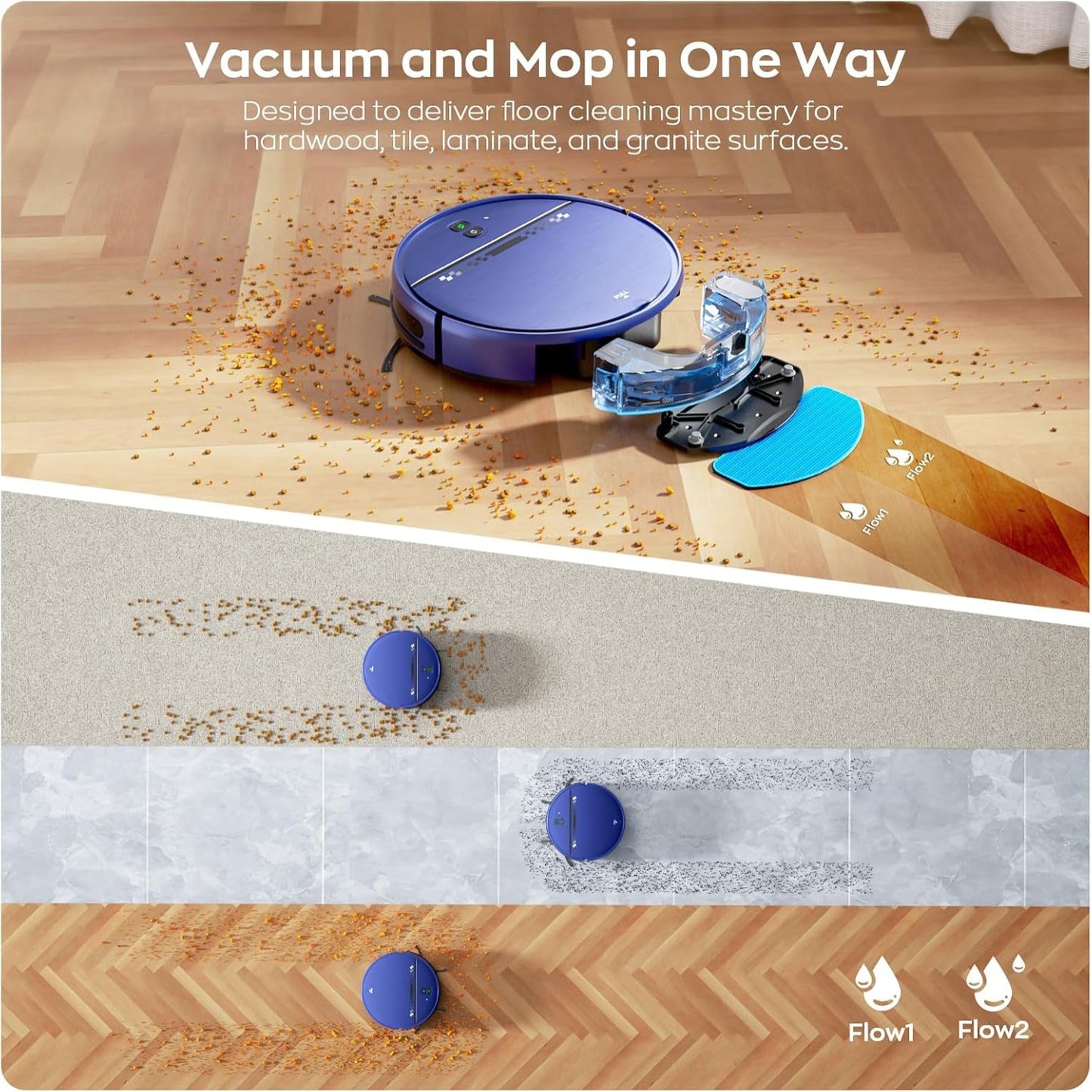 Robot Vacuum and Mop Combo for Pet Hair, Robotic Vacuum for Hard Floors and Carpets, 2.87'' Ultra-Slim, with 3D Obstacle Avoidance, Wi-Fi/App/Voice Controlled, Self-Charging