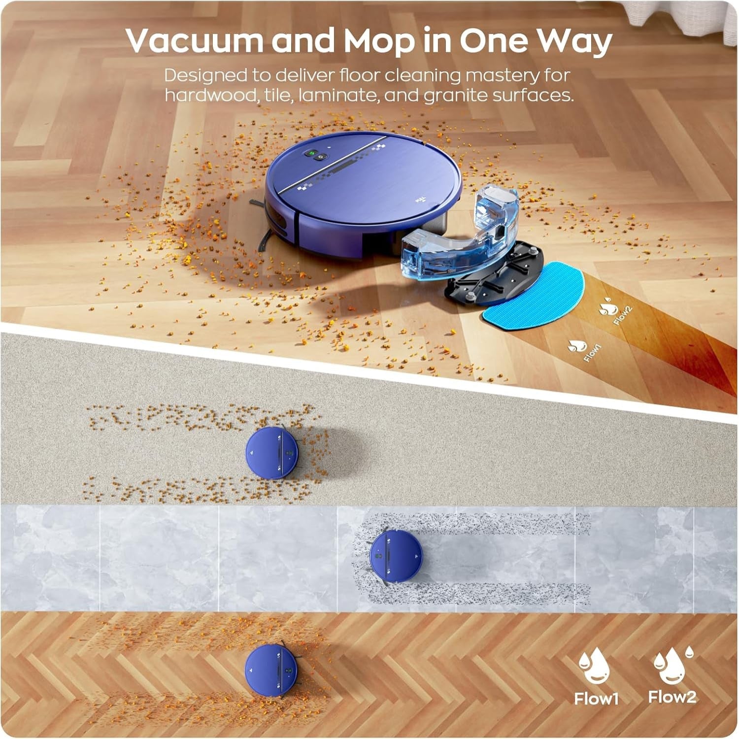 Robot Vacuum and Mop Combo for Pet Hair, Robotic Vacuum for Hard Floors and Carpets, 2.87'' Ultra-Slim, with 3D Obstacle Avoidance, Wi-Fi/App/Voice Controlled, Self-Charging