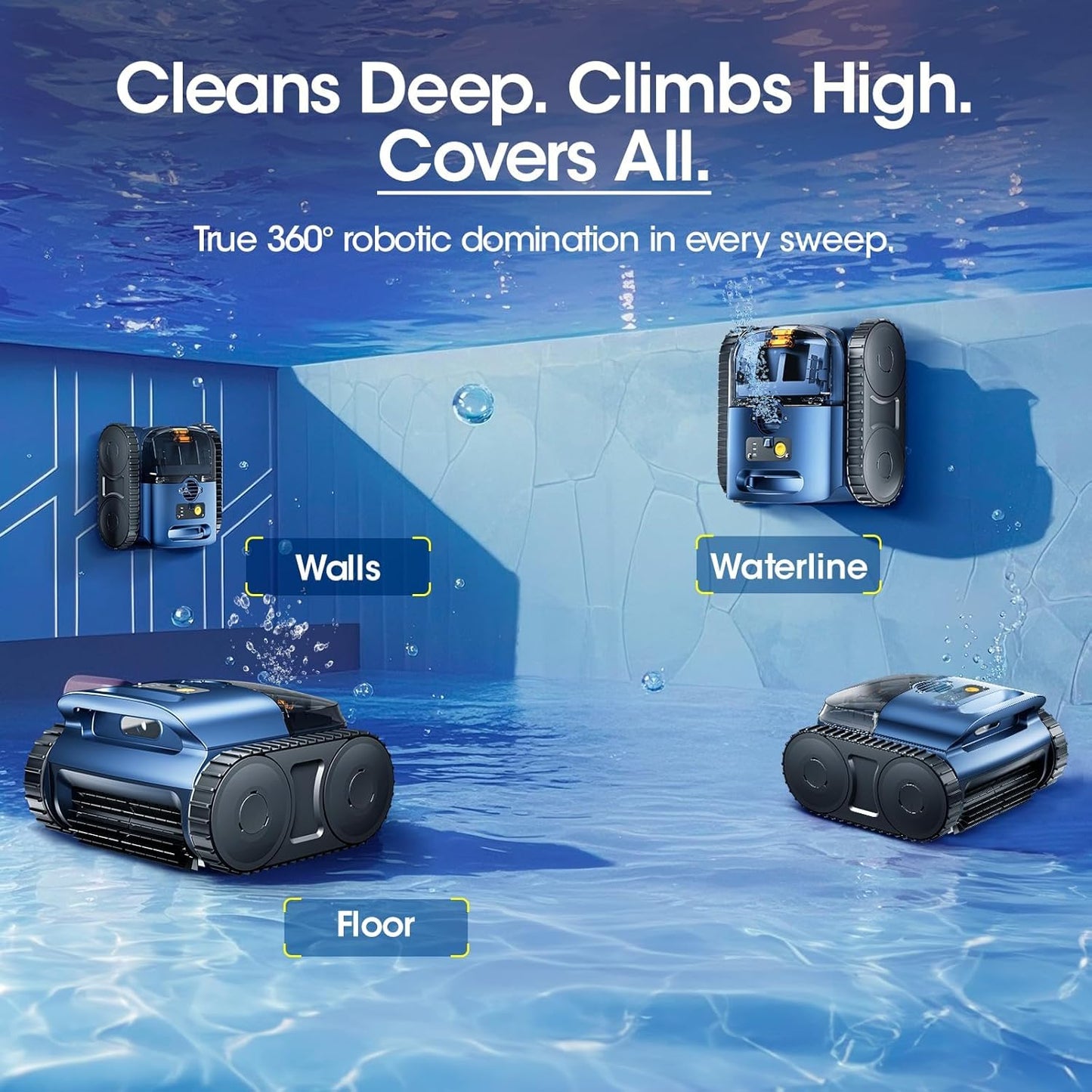 Cordless Robotic Pool Vacuum, Pool Cleaner with Track Drive & Sonar Navigation, 180W Brushless Motor, Wall & Waterline Climbing, 150-Min Runtime, for Inground & Above-Ground Pools up to 2150 Sq. Ft.