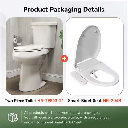 21 In. Extra Tall 2-Piece 1.28 GPF Single Flush Elongated Toilet in White Flush with Smart Bidet Seat