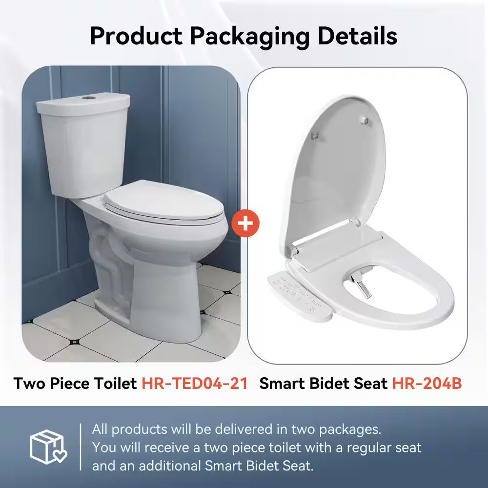 21 In. Heightened 1.1/1.6 GPF Dual Flush Elongated Toilet in White Flush with Smart Bidet Seat, 2-Piece