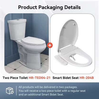 21 In. Heightened 1.1/1.6 GPF Dual Flush Elongated Toilet in White Flush with Smart Bidet Seat, 2-Piece