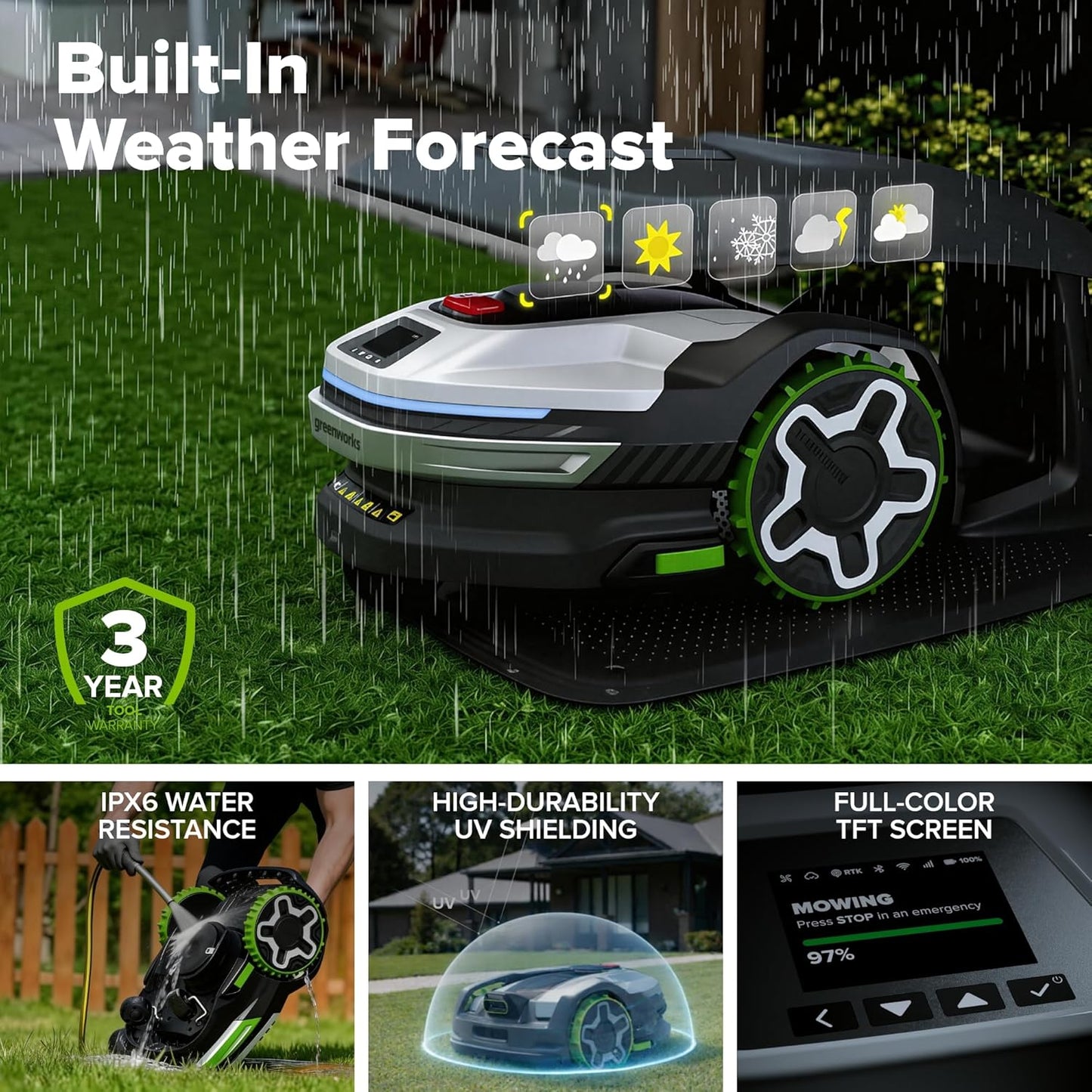 Greenworks C20Z Wire-Free Robotic Lawn Mower, up to 1/2 Acre, Rtkvision Navigation, 24-Degree Slope Climbing, Smart Obstacle Avoidance, App Control with Electric Height Adjustment