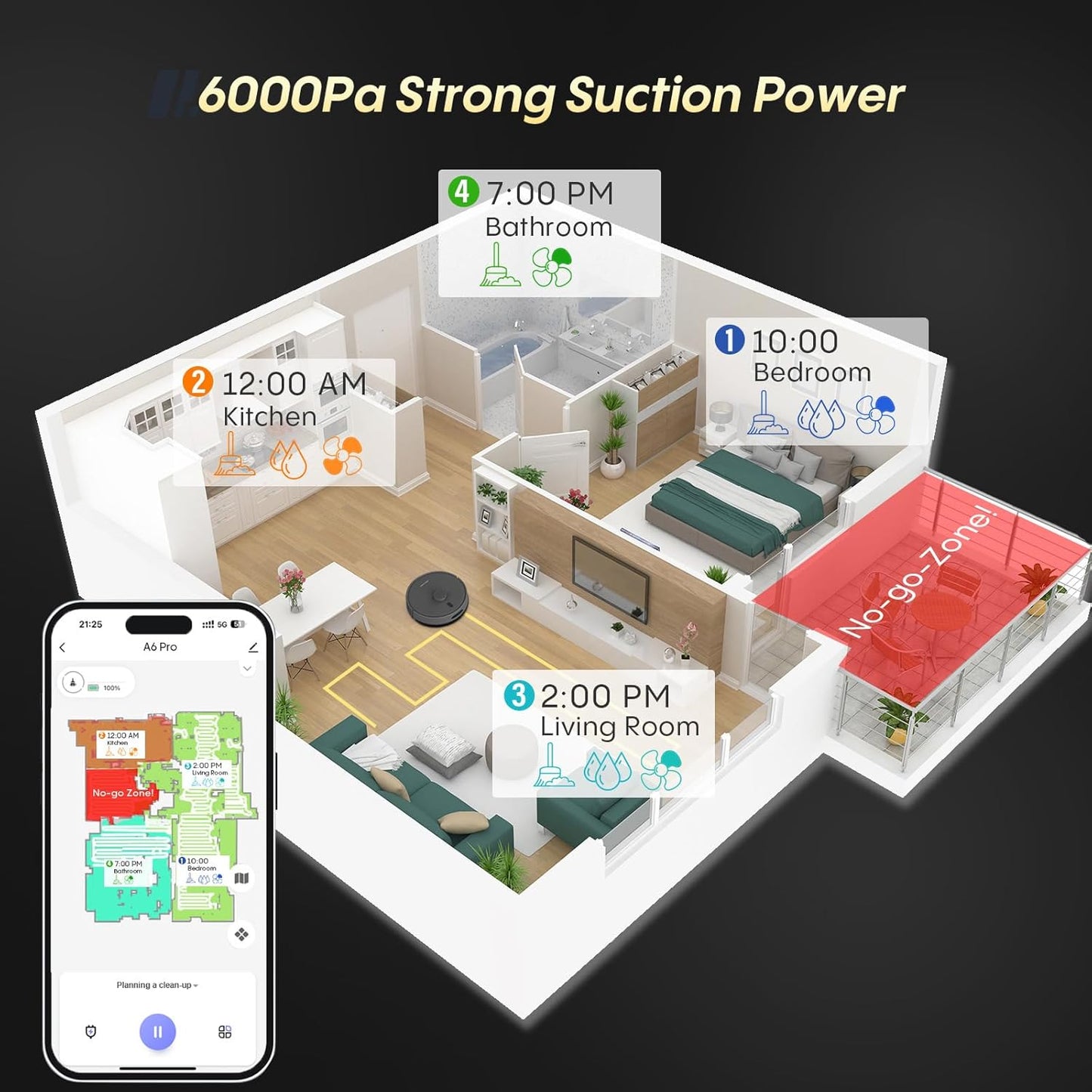 Self-Emptying Robot Vacuum and Mop, 6000Pa Powerful Suction, 90-Day Hands-Free,Lidar Navigation, Smart Mapping, App & Alexa Control, Robotic Vacuum for Pet Hair, Carpets and Hard Floors