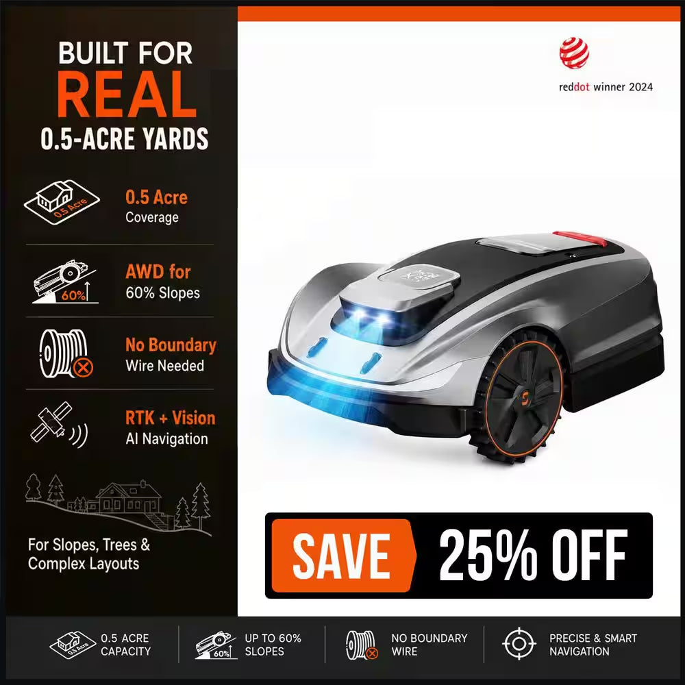 X5 AWD Wireless 8 In. Robot Lawn Mower for 0.5 Acre, No Boundary Wire, RTK plus Vision, AI Obstacle Avoidance