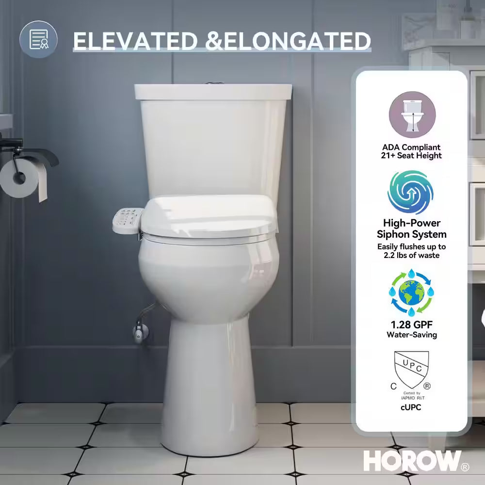 21 In. Heightened 1.1/1.6 GPF Dual Flush Elongated Toilet in White Flush with Smart Bidet Seat, 2-Piece