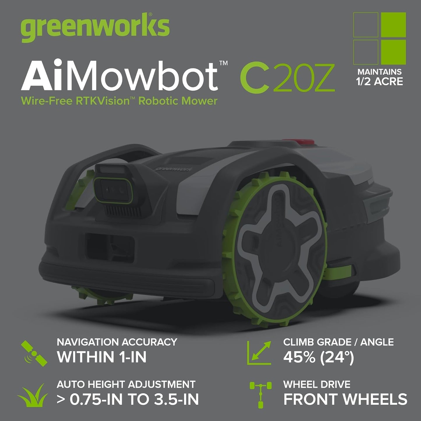 Greenworks C20Z Wire-Free Robotic Lawn Mower, up to 1/2 Acre, Rtkvision Navigation, 24-Degree Slope Climbing, Smart Obstacle Avoidance, App Control with Electric Height Adjustment