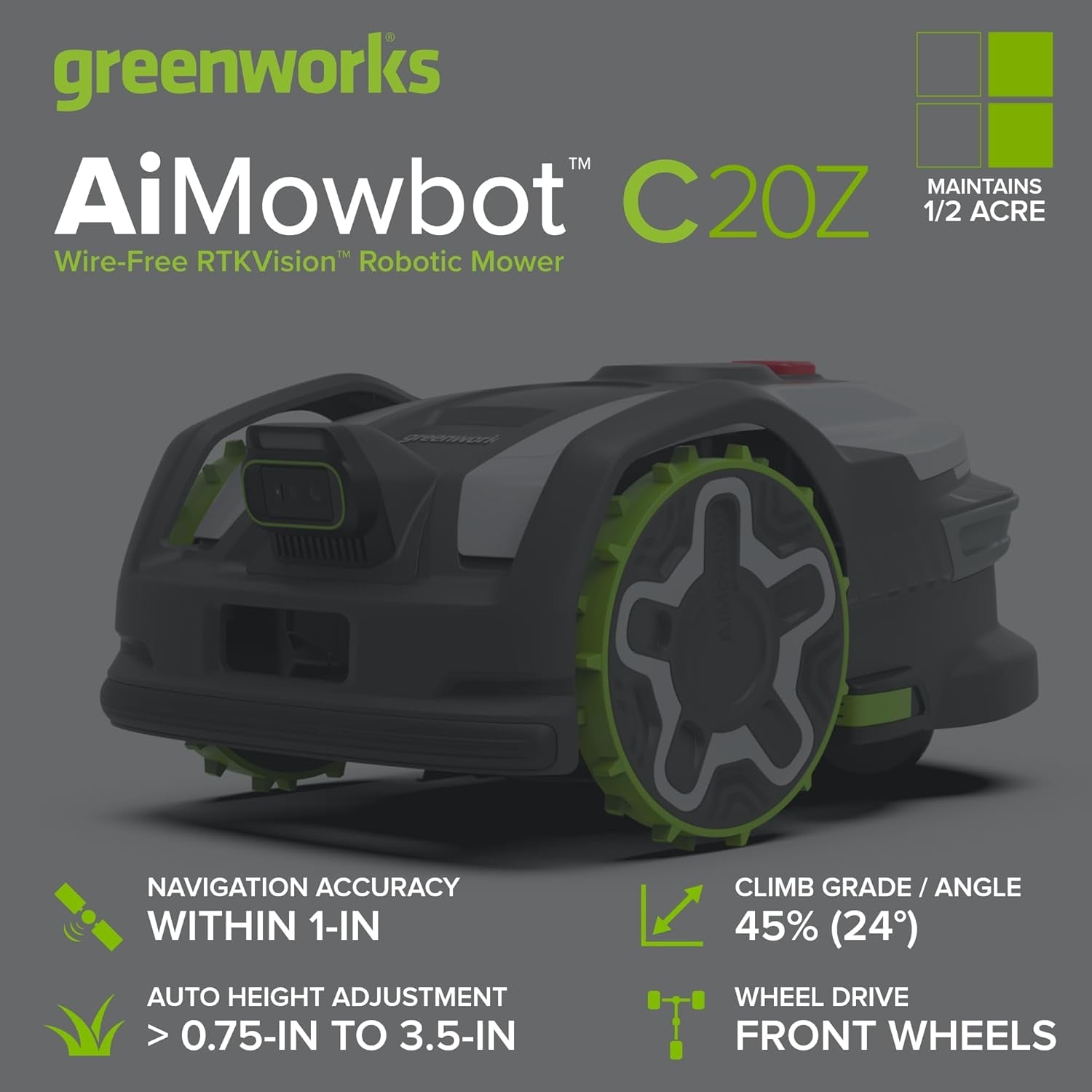 Greenworks C20Z Wire-Free Robotic Lawn Mower, up to 1/2 Acre, Rtkvision Navigation, 24-Degree Slope Climbing, Smart Obstacle Avoidance, App Control with Electric Height Adjustment