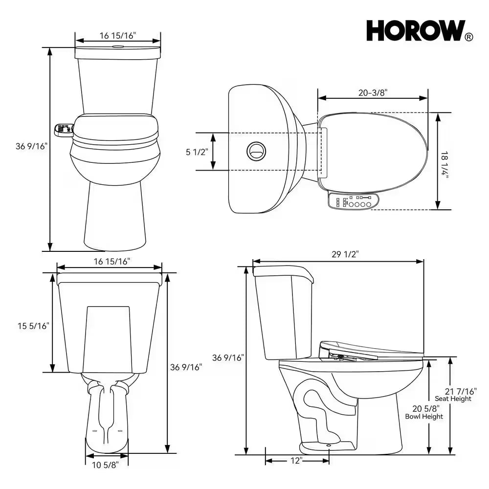 21 In. Heightened 1.1/1.6 GPF Dual Flush Elongated Toilet in White Flush with Smart Bidet Seat, 2-Piece
